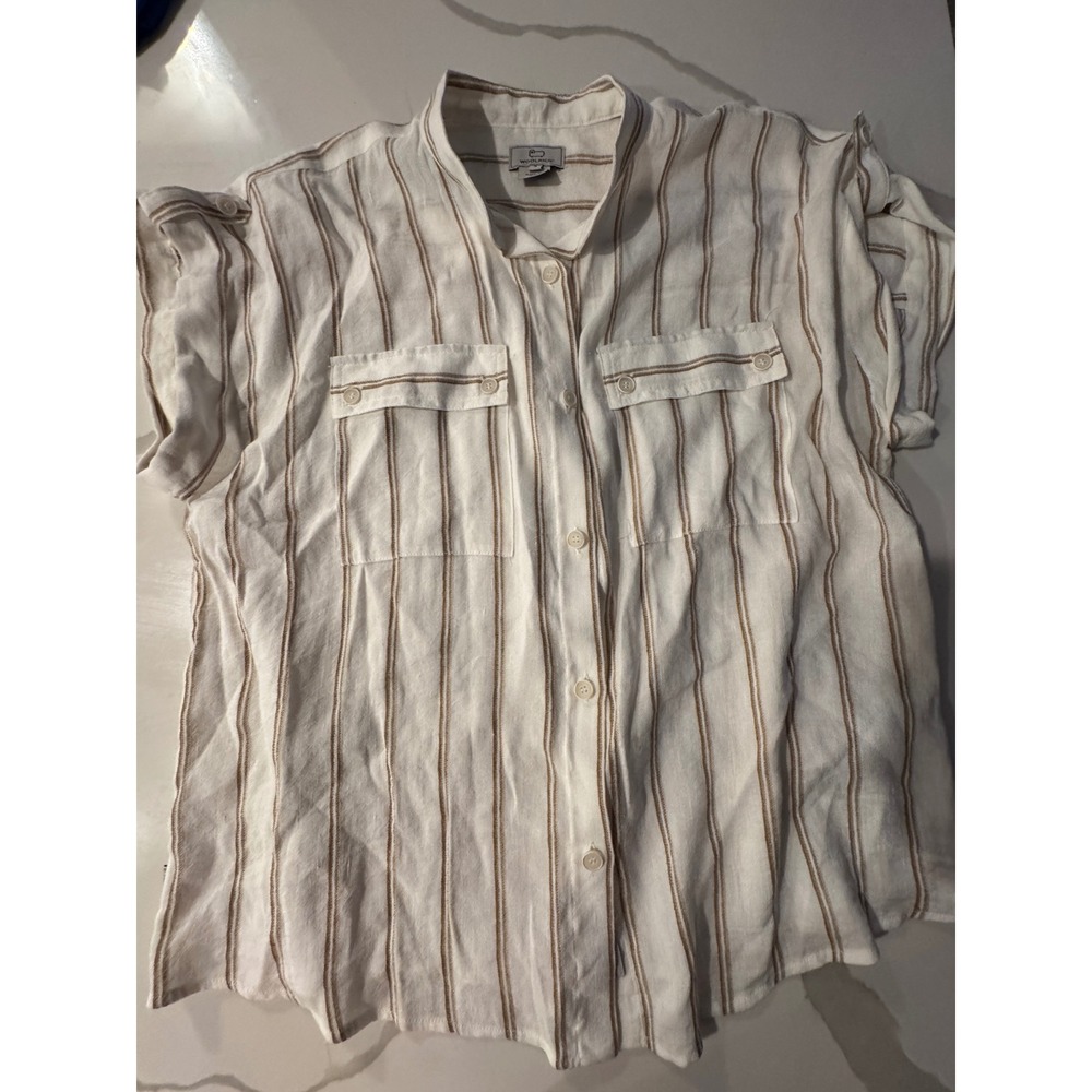 Woolrich Womens Striped Short Sleeve Button Up Shirt White Tan Mandarin Collar S